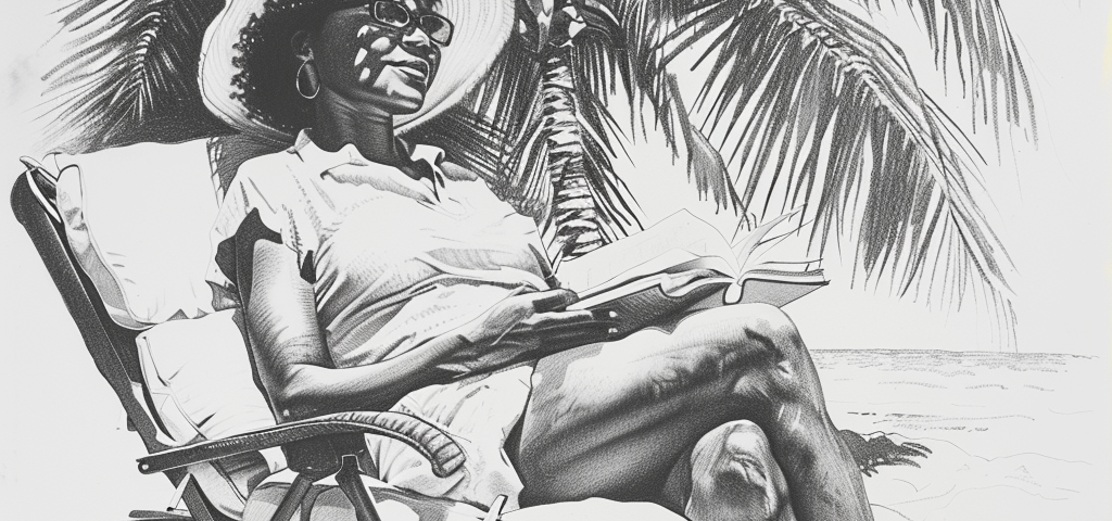 drawing of a Black woman, sitting on the beach, reading a book.