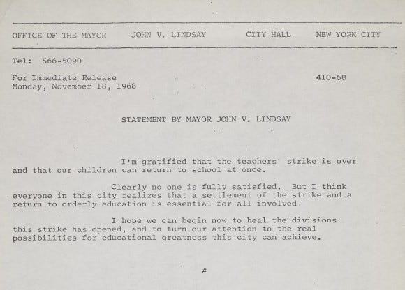 Typed statement from the office of the New York Major, stating that John V Lindsay, the Mayor is pleased that the school strike has ended