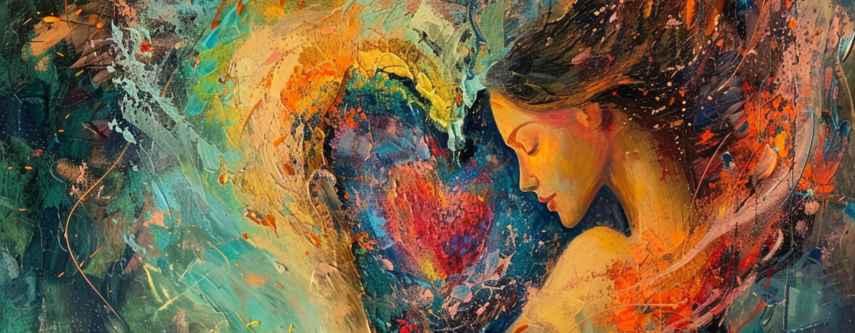Abstract art depicting a woman flowing around two enclosed hearts