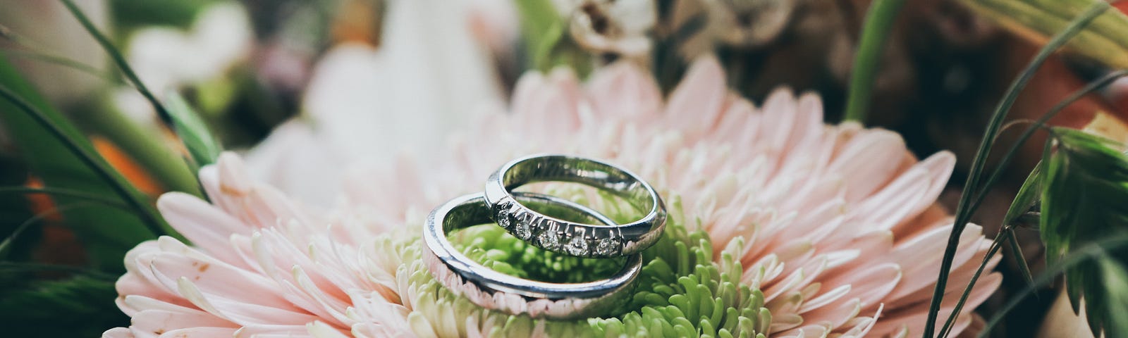 Wedding rings piled on a flower.