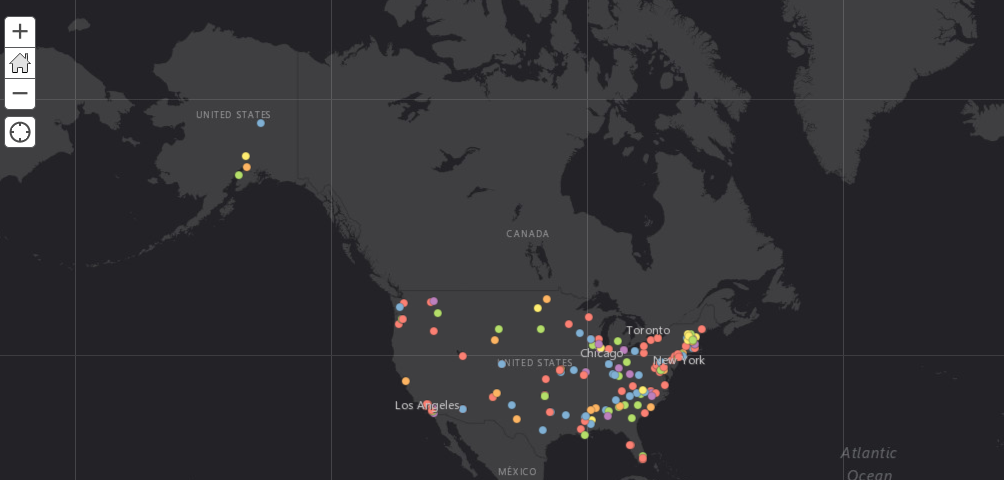 A dark-themed map showing the U.S. and Canada with colored dots representing officials who left office in 2020.