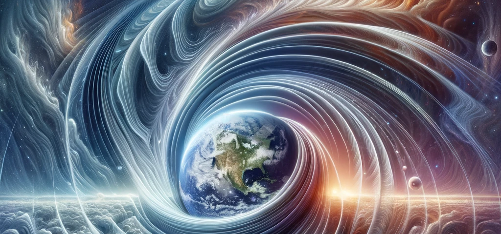 Gravity as the wake of time within the multiverse, with Earth at the center surrounded by dynamic, wave-like patterns. This visual representation captures the idea of gravity as a narrative force within the cosmic setting.