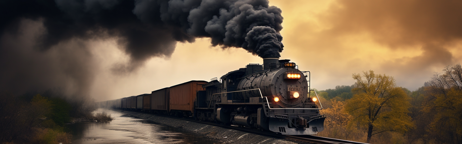 Midjourney generated image of train in United States puffing out black clouds of diesel smoke from its engine beside river