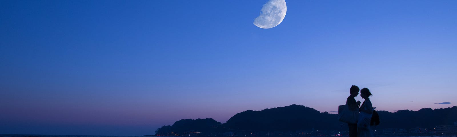 A couple in shadow on a beach at twilight, under a quarter moon.