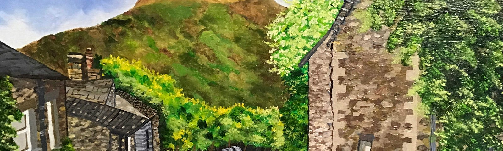 Painting of houses and a hill