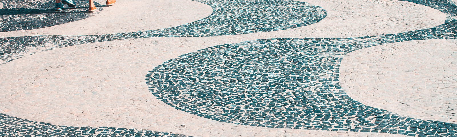 A closeup of the iconic undulating tile boardwalk of Rio’s Copacabana Beach