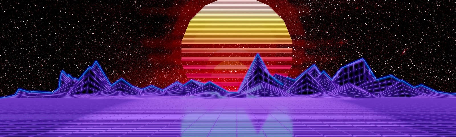 A digital illustration of a sun rising or setting above purple mountains, with a perspective grid extending to the bottom of the image.