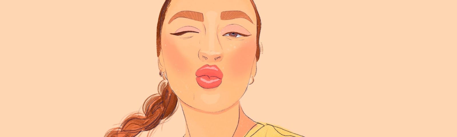 Digital illustration of a girl with a braid making a kissing face