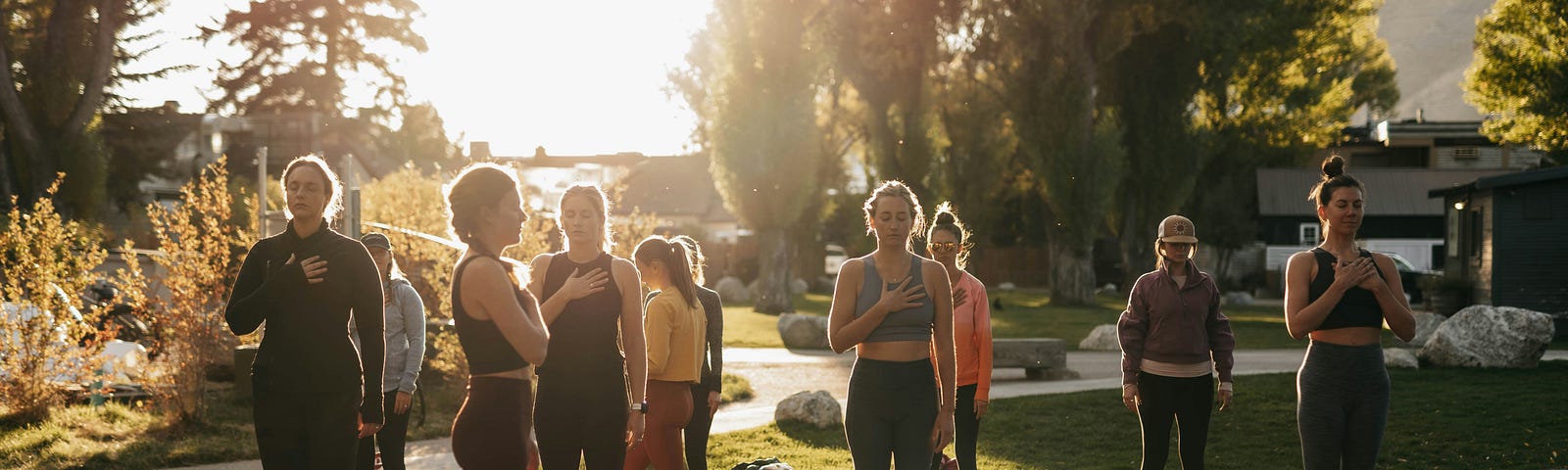 a bunch of people on yoga mats on a lawn with sun shining in the distance