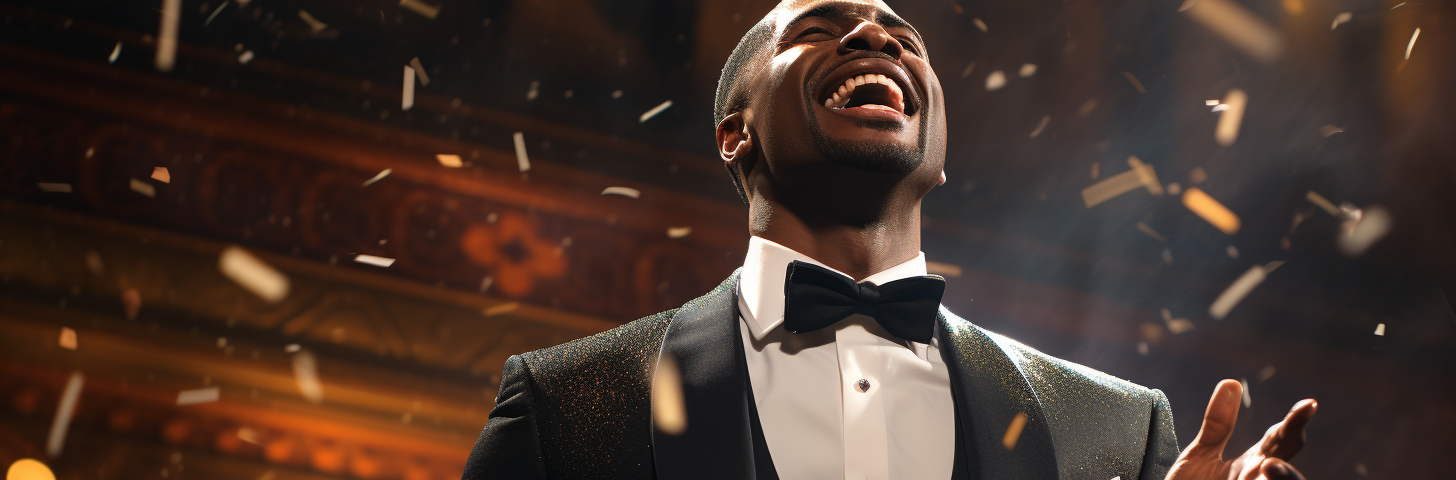 African opera singer performs in a tuxedo to a sold-out audience. AI generated image. Midjourney.