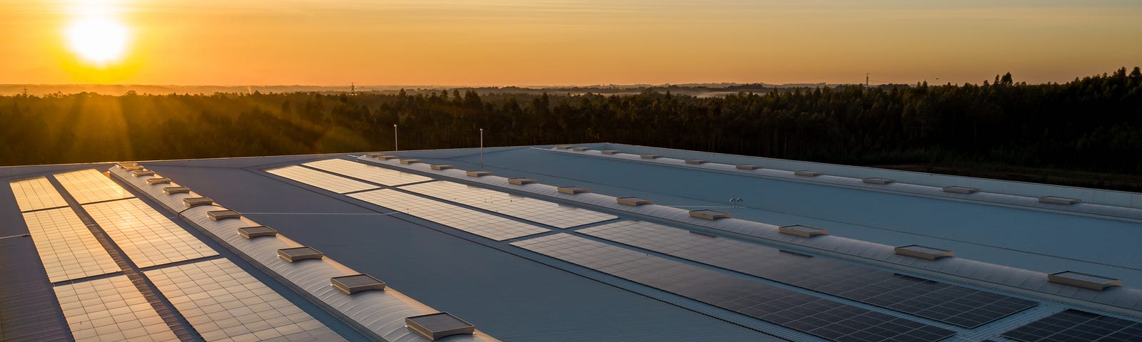 Solar panels strewn about a commercial roof with the sun in the background.