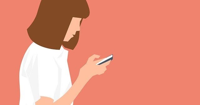 Illustrated woman looking down at her phone
