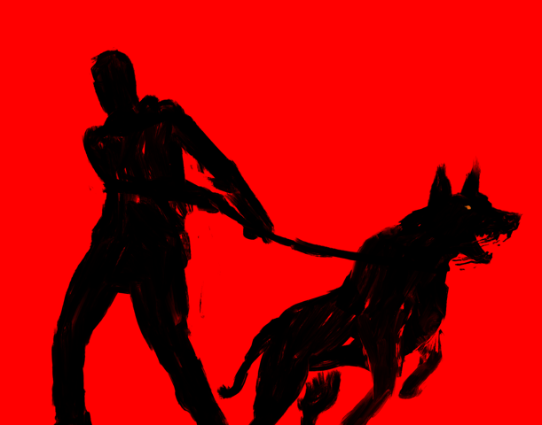 Painting in black and red of a man restraining a dog by its leash