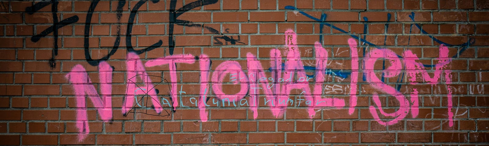 Graffiti on a brick wall. The words read: Fuck Nationalism