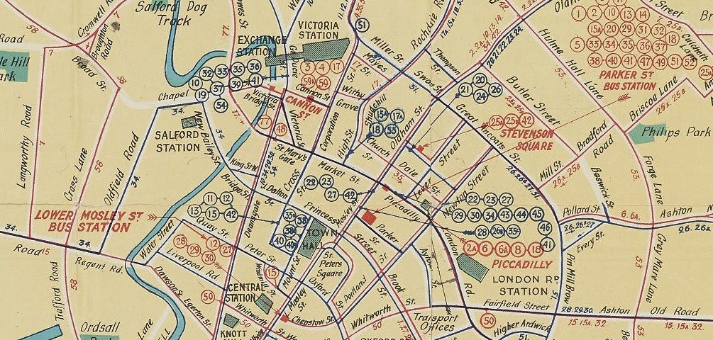 Extract from Map of Manchester tram and bus routes held at John Rylands