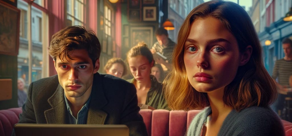 Detailed image of a young couple, Alice and Tom, in a tense conversation at a colorful London coffee shop. Alice appears pensive, facing Tom, who looks distraught, hinting at a story of betrayal.