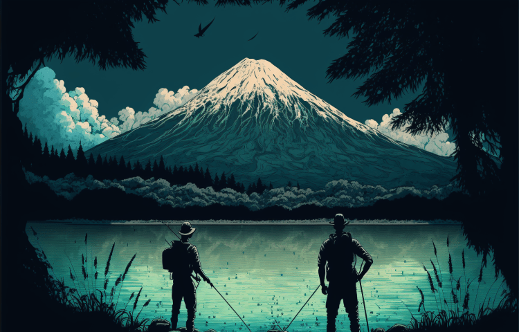 A teenager and his grandfather fly fishing in a lake, at the foot of a volcano.