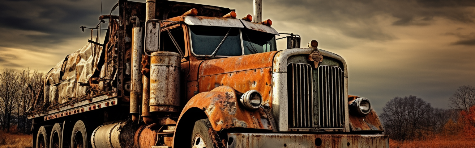 Midjourney generated image of diesel semi truck rusting by the side of the road
