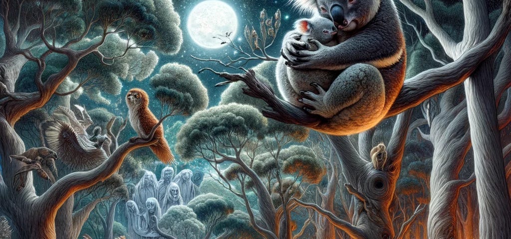 Captivating illustration of a moonlit ancient forest with a wise koala, newborn joey, and mystical spirits, showcasing the drama of survival and resilience in nature’s realm. Each face uniquely detailed.
