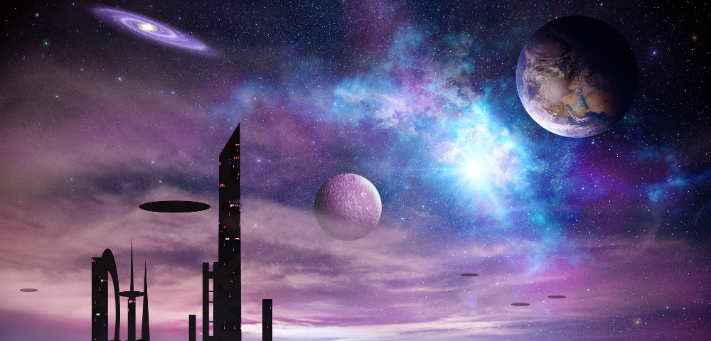 colorful night sky with planets, ships and a sillouette of tall buildings in the foreground