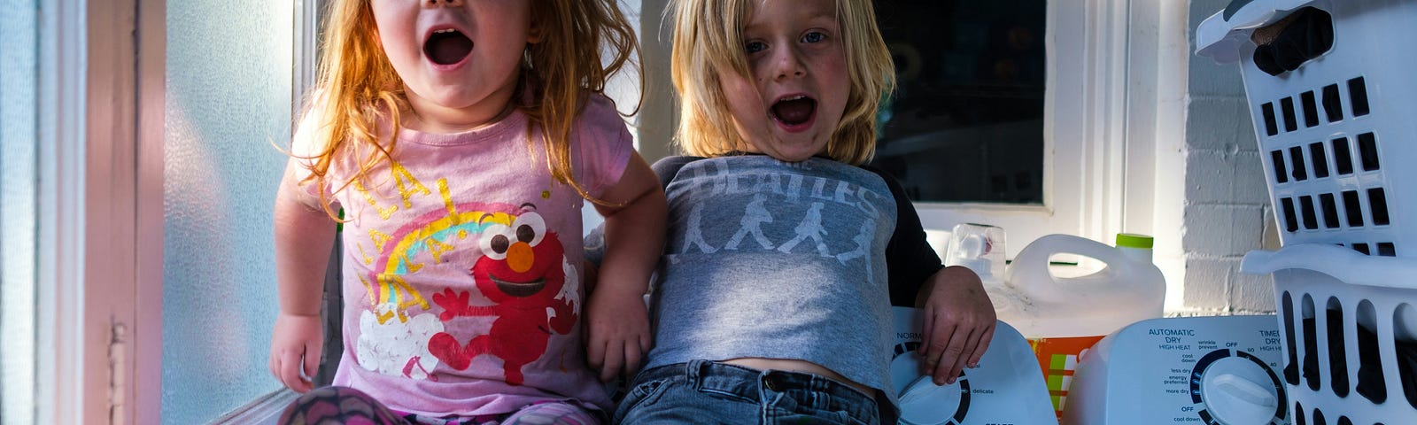 image of two young children sitting on a washing machine, making silly faces