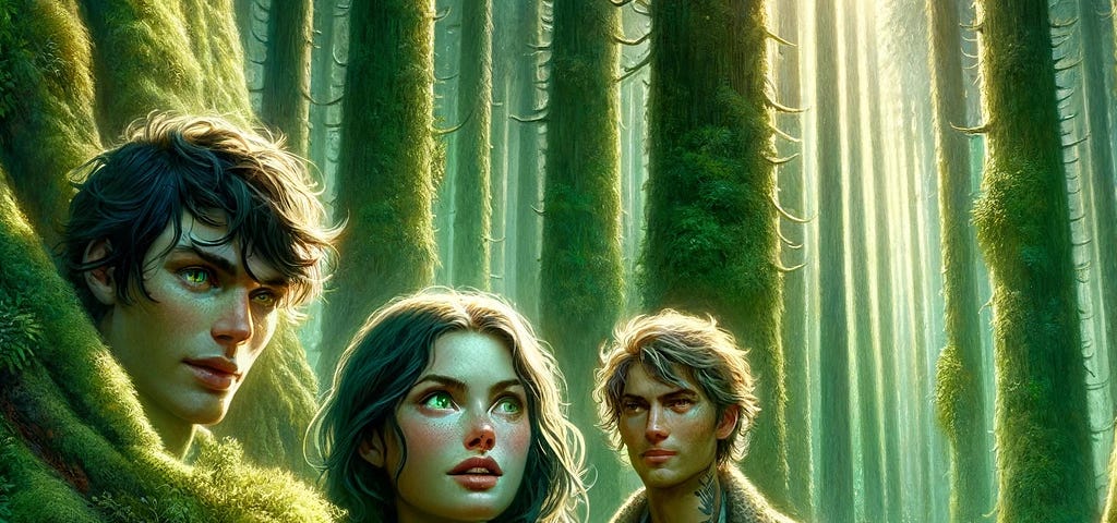 Captivating illustration of three friends, Ella, Cade, and Thorne, in a lush forest, revealing their unique connection to nature’s whispers.