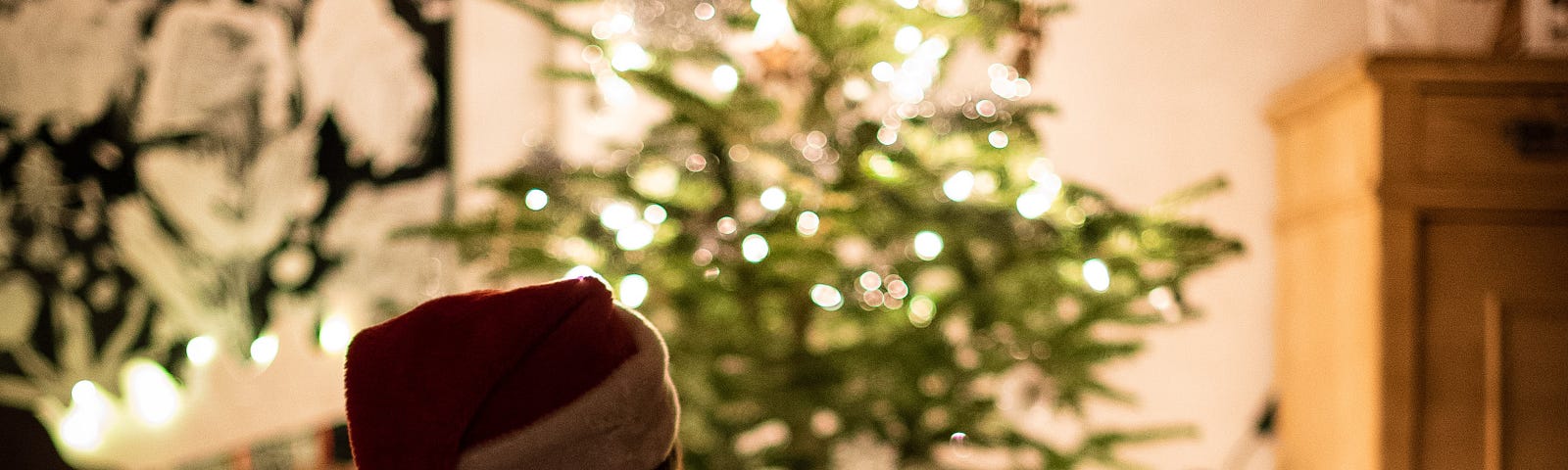 A parent and a child wearing Santa hats sitting in front of a small Christmas tree