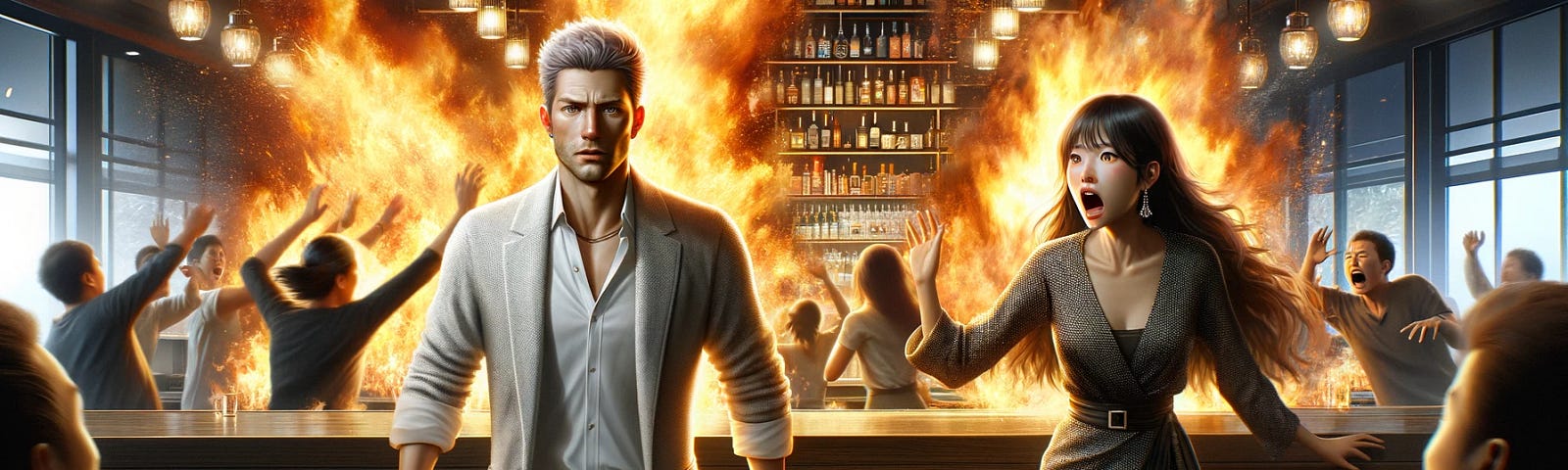 A man stands like an action hero in front of a fire that has broken out in the bar while his date screams