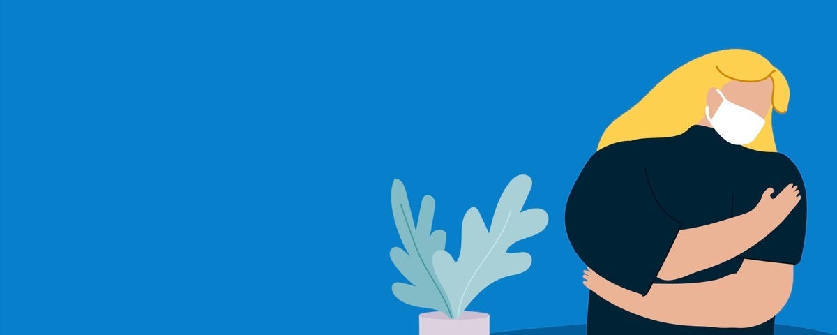 illustration of a woman hugging herself next to a pot plant against a blue background