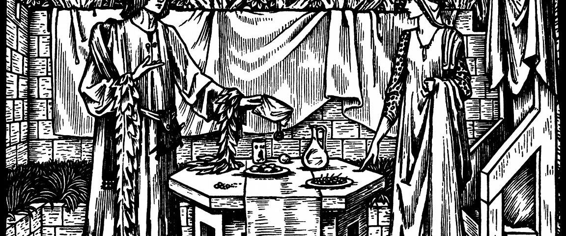 Engraving showing a man and a woman standing on opposite sides of a table. The man gives the woman a token.