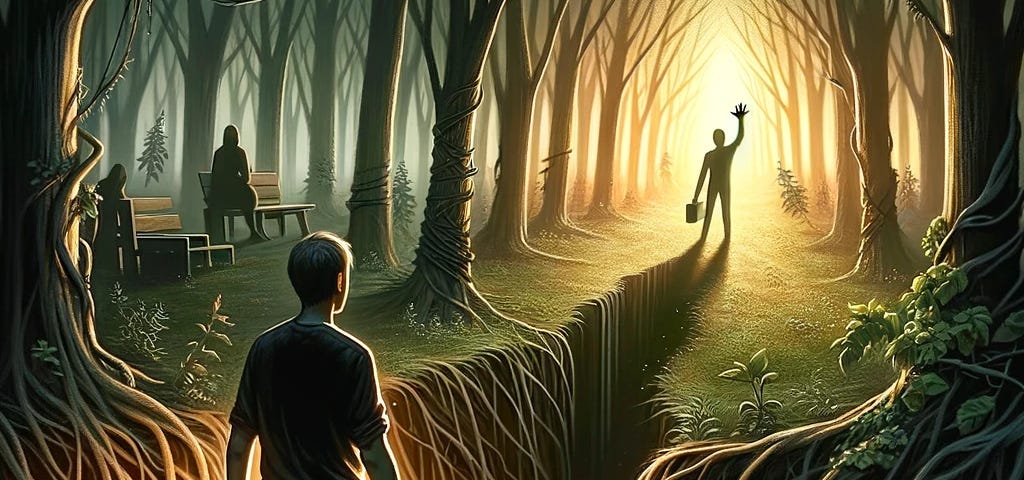 Person standing at forest edge holding lantern, symbolizing internal struggle and search for courage, with a sunlit clearing ahead representing freedom and self-expression, capturing the emotional journey from fear to catharsis.
