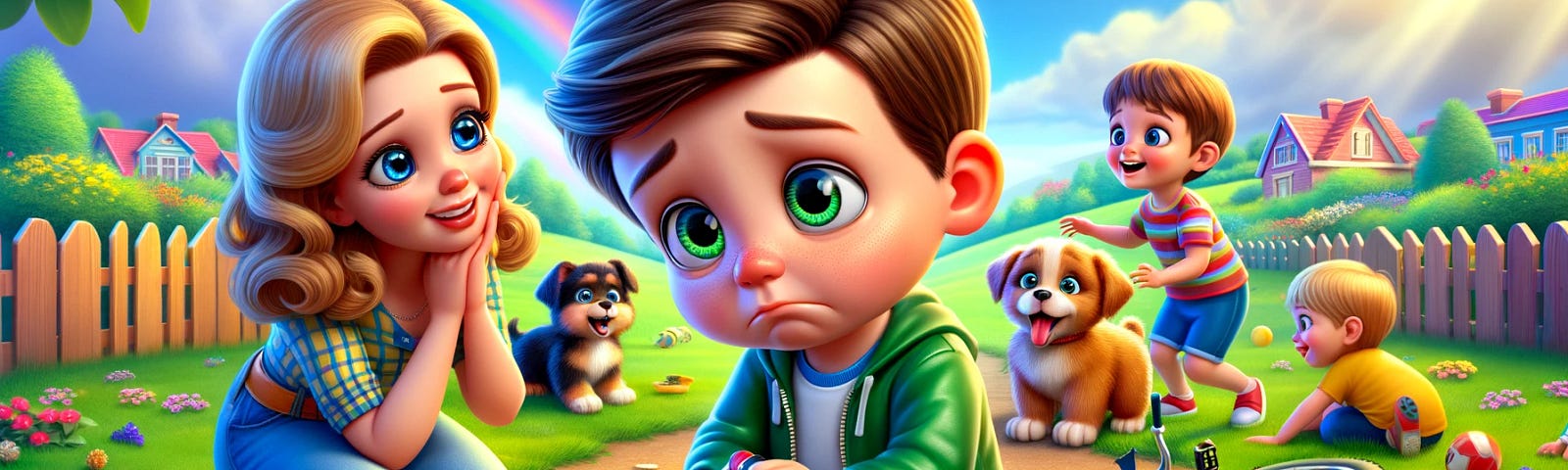 A young boy named Tommy looks sad as he stares at his broken toy, with his mum kneeling beside him, smiling warmly. Around them are a shiny bike, a playful puppy, and children playing outside. The scene is vibrant and colourful, featuring green grass, blue skies, and a rainbow, capturing a moment of joy and wonder.