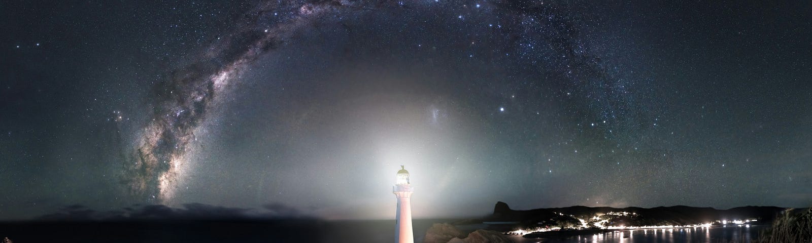 A path leading to a lighthouse under a night sky filled with stars