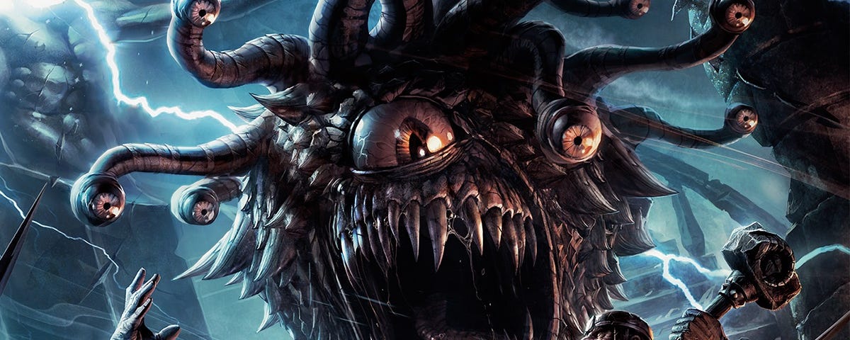 A beholder —  a flying monster with a giant eye, ten eye-stalks, and a gaping maw — terrorizes adventurers.