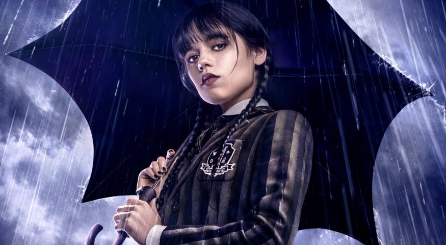 Wednesday Addams from the netflix tv show series one holding an umbrella in the rain