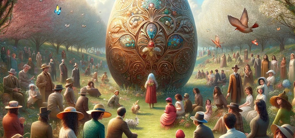 Diverse group celebrating Easter Week 2024 around a large, decorated egg in a spring garden, with ‘LODESTAR PROMPTS MARCH 25th 2024 Creative Sparks Weekly Prompts #9’ written in front
