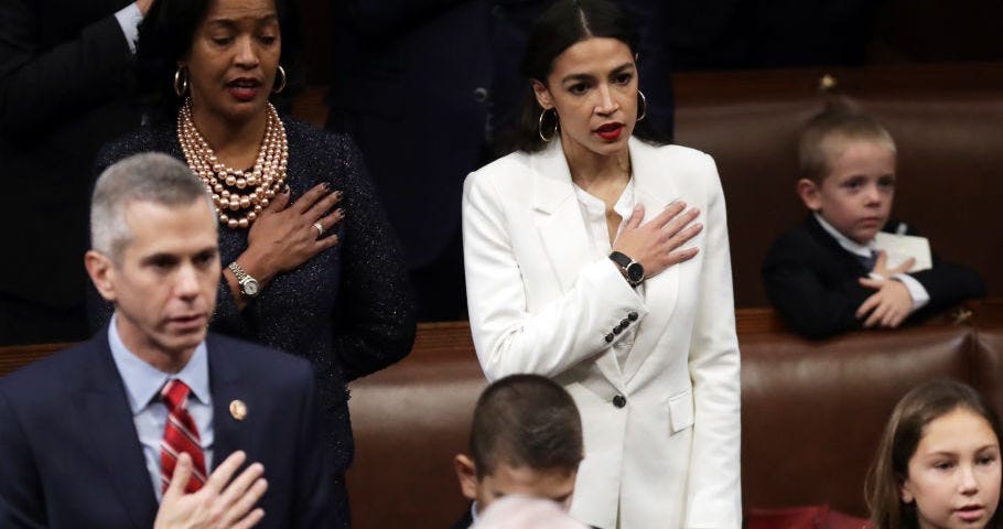 Ocasio-Cortez takes the oath during the first session of the 116th Congress at the US Capitol on January 3, 2019.
