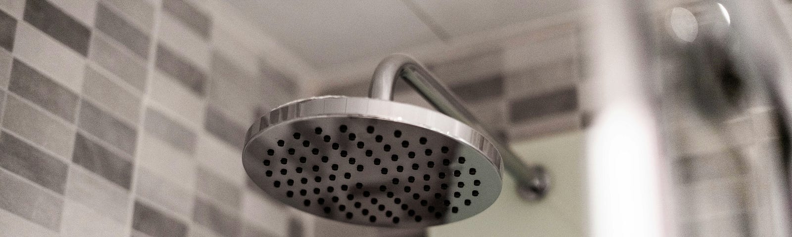 A close-up of a shower head in a shower cubicle