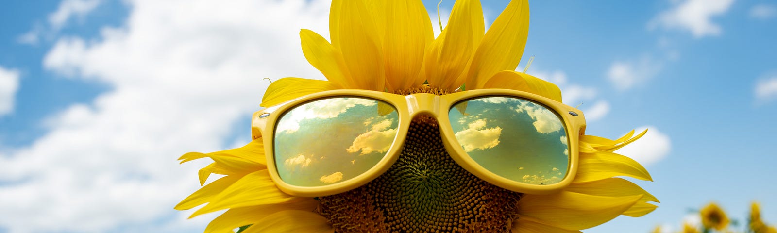 Sunflowers wearing sunglasses against a blue sky.