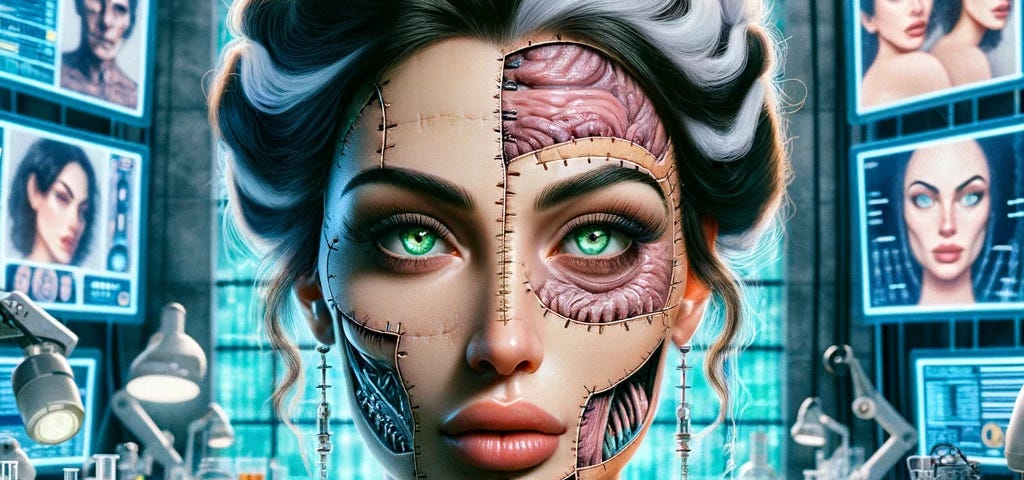 Captivating illustration of a genetically enhanced woman, merging beauty and beastliness in a high-tech lab, symbolizing the pursuit of perfection at any cost. Designed to captivate and intrigue, this image perfectly captures society’s obsession with ideal beauty standards.