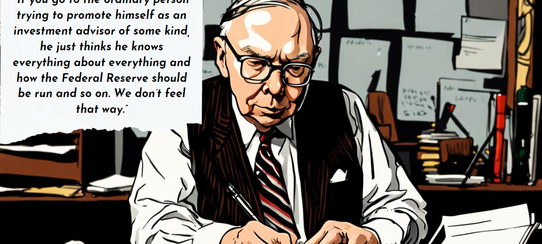 A stylized illustration that appears to be digitally altered to resemble a comic book drawing. It features Charlie Munger, an investor known for his partnership with Warren Buffett, engaged in writing. He is depicted with focused attention to his work, wearing a white shirt, red-striped tie, and dark vest. His desk is cluttered with papers and books, indicative of a busy professional setting. The room has an old-fashioned feel, with a window showing the outlines of file cabinets or documents on