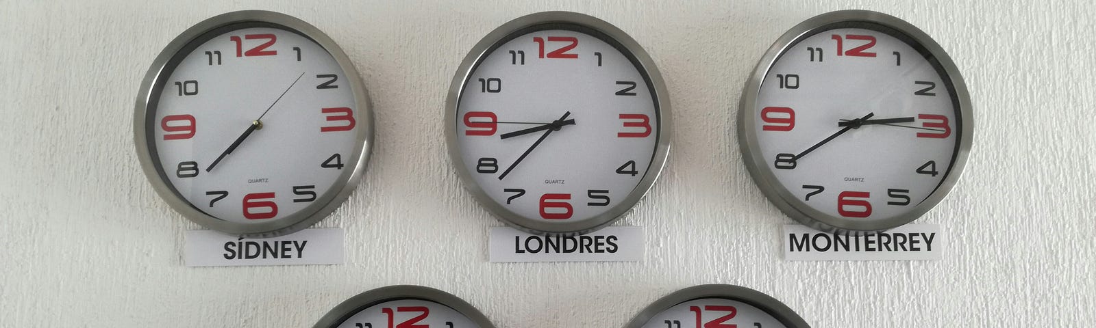 A series of clocks set to different city times