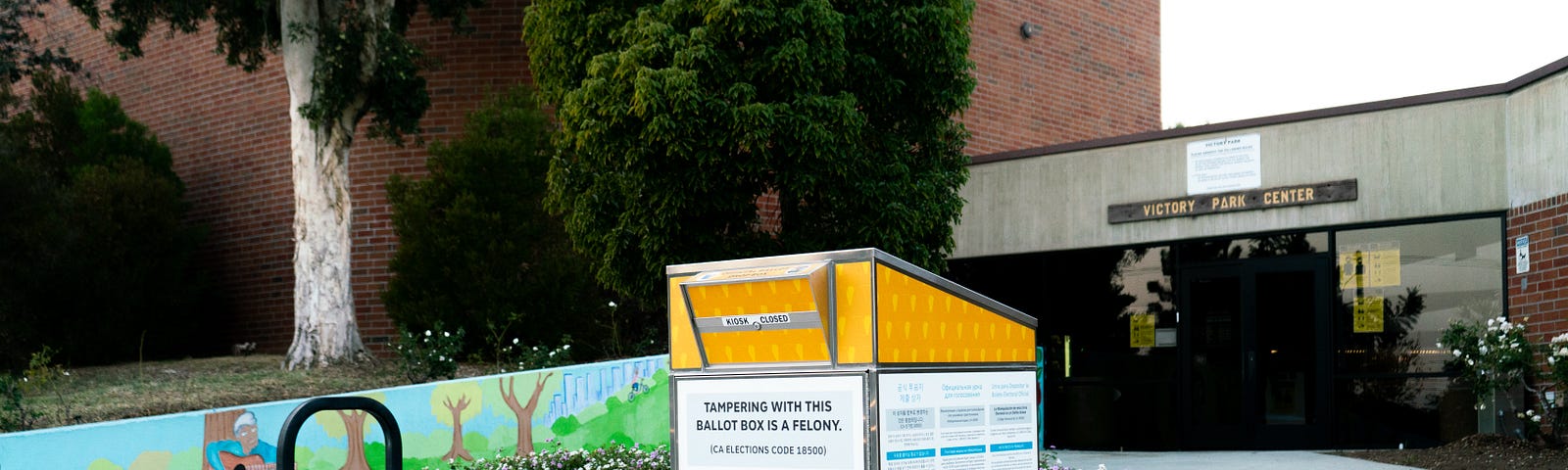 An official locked Vote by Mail Ballot Drop Box in a Los Angeles neighborhood, one of multiple ways to return a mailed ballot. It is from the 2020 election.