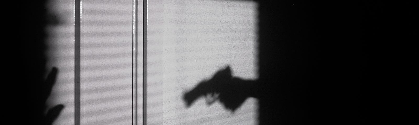 A black and white image of the shadows of two persons. One points a gun at the other, who has there hands raised.