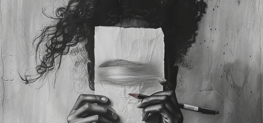 Image of a woman holding a paper and pencil to hide her face. Created by author on Midjourney.