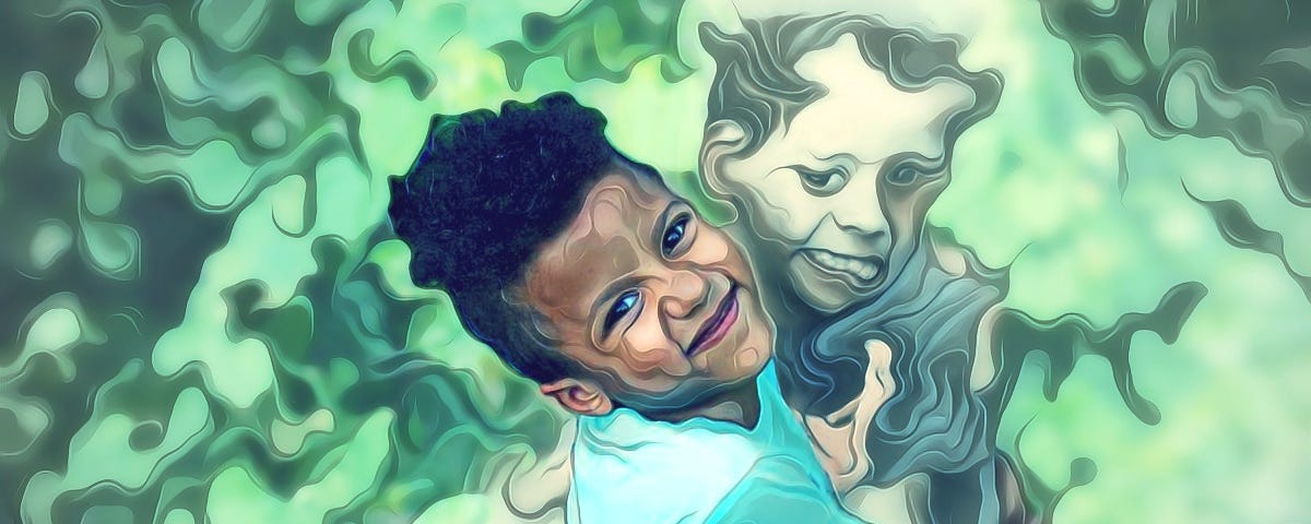 “Imaginary Friends,” an original digital illustration. In blues, verdigris, greens & browns… A real, young Black child hugs a ghostly child in a forest background.