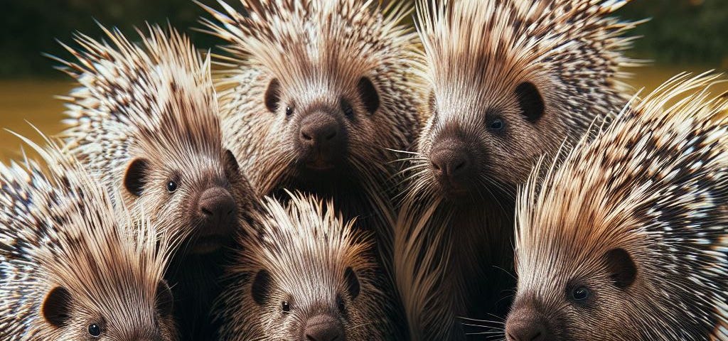 Biewer Terrier playing soccer against a group of porcupines