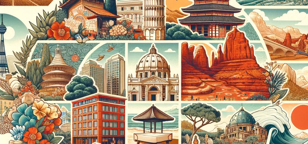 A montage illustration featuring iconic symbols from top senior-friendly destinations: rolling hills of Tuscany, Italy; tranquil temples in Kyoto, Japan; vibrant architecture in Barcelona, Spain; red rocks of Sedona, Arizona; stunning beaches of Algarve, Portugal; picturesque landscapes in Cape Town, South Africa; classical music heritage of Vienna, Austria; charming old town in Quebec City, Canada; breathtaking nature in New Zealand; and serene beaches of Bali, Indonesia, arranged in a harmonio