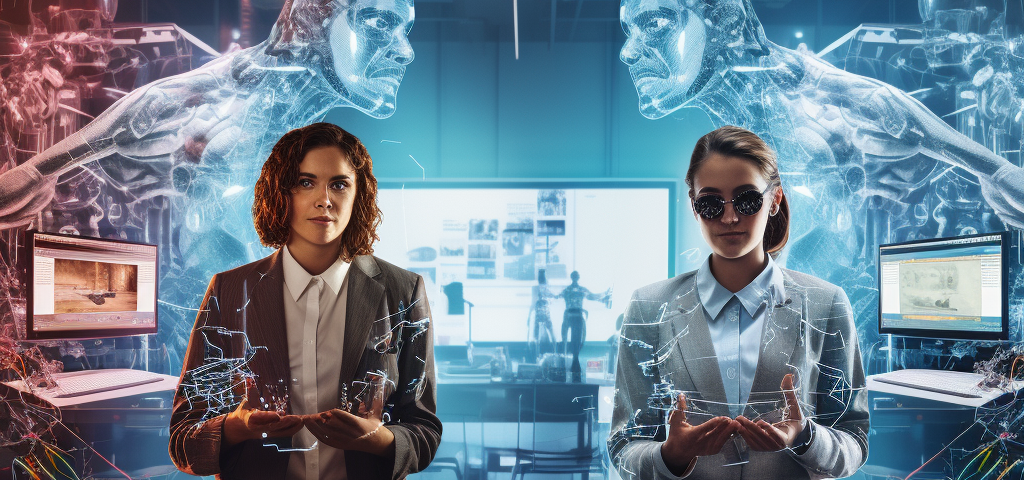 A digital art representation showing two contrasting worlds. On the left, two women, Dr. Sarah McAllen and Maria, in a real-world office filled with computers, books, and Virtual Reality headsets. On the right, their avatars stand in an abstract, glitched digital realm. A thin line of disintegrating code separates the two worlds. Artwork generated by Mark R. Havens.