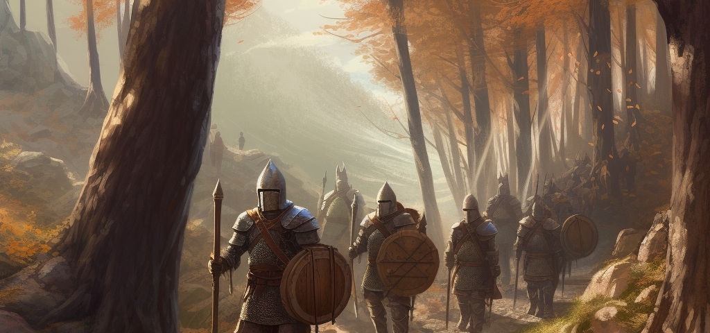 medieval soldiers in brown tabards and armor, on a tree-lined trail, mountains beyond